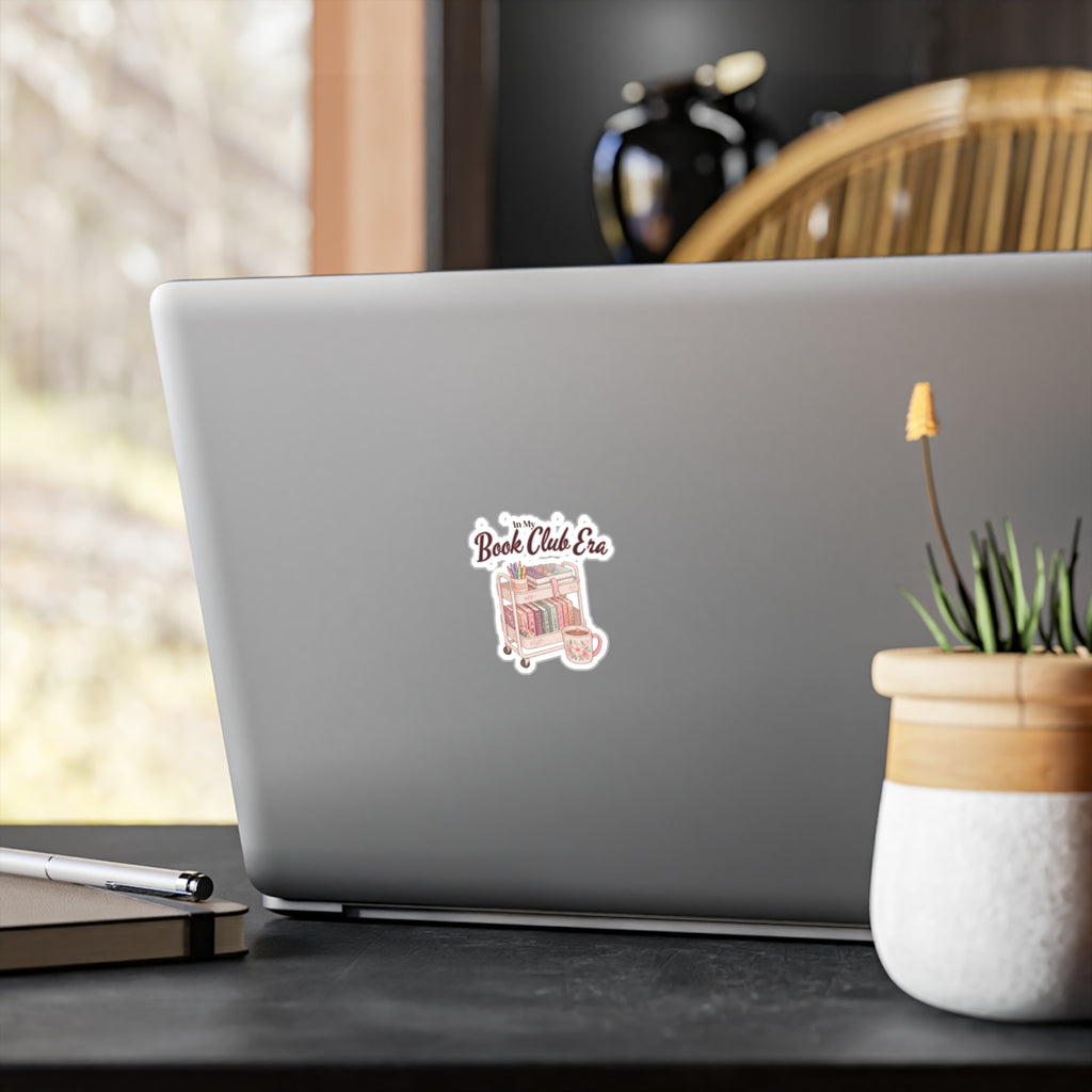 Book Club Era Vinyl Sticker — Cozy Rolling Cart & Floral Mug Kiss-Cut Decal